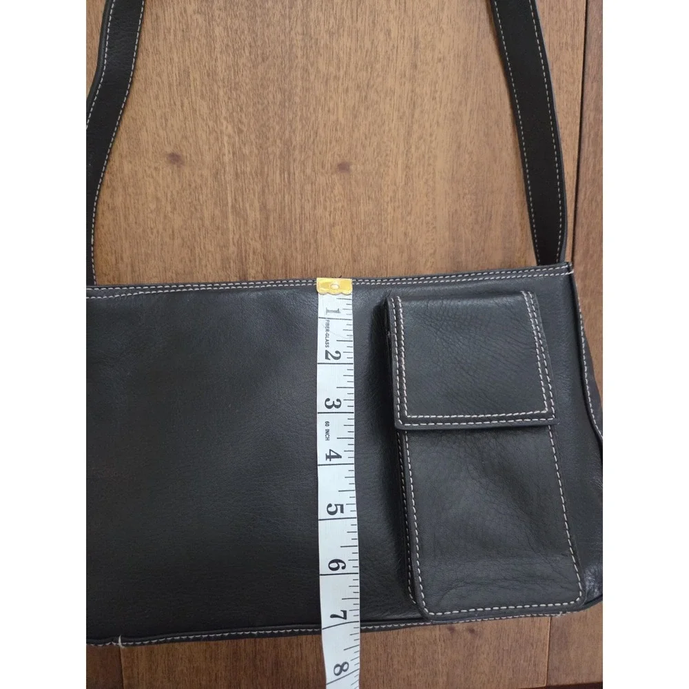 Vtg Preston & York Leather Crossbody Shoulder Purse Adjustable Blk Stitch Trim‎